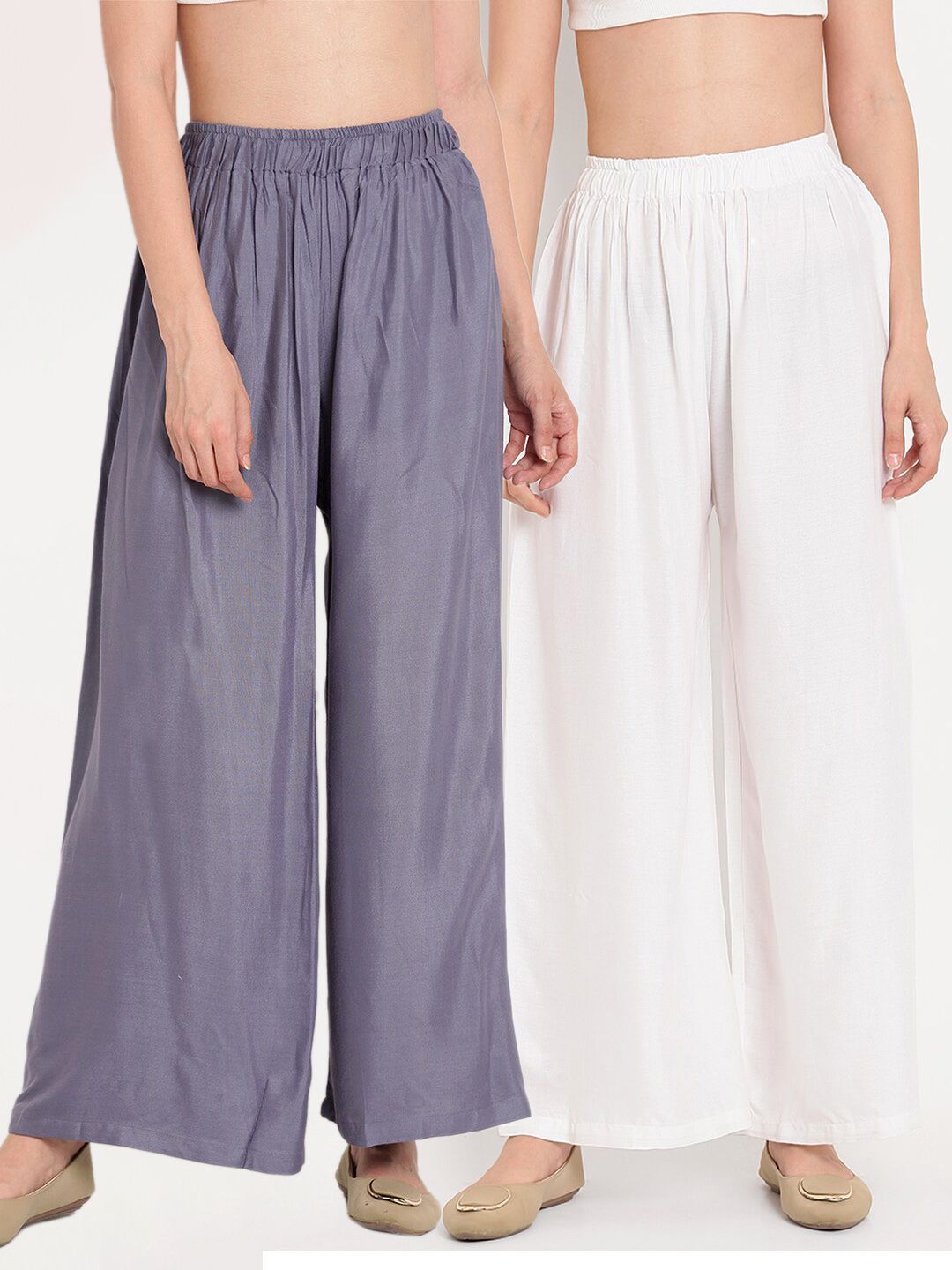 TAG 7 Women White & Grey Set of 2 Flared Ethnic Palazzos - Distacart