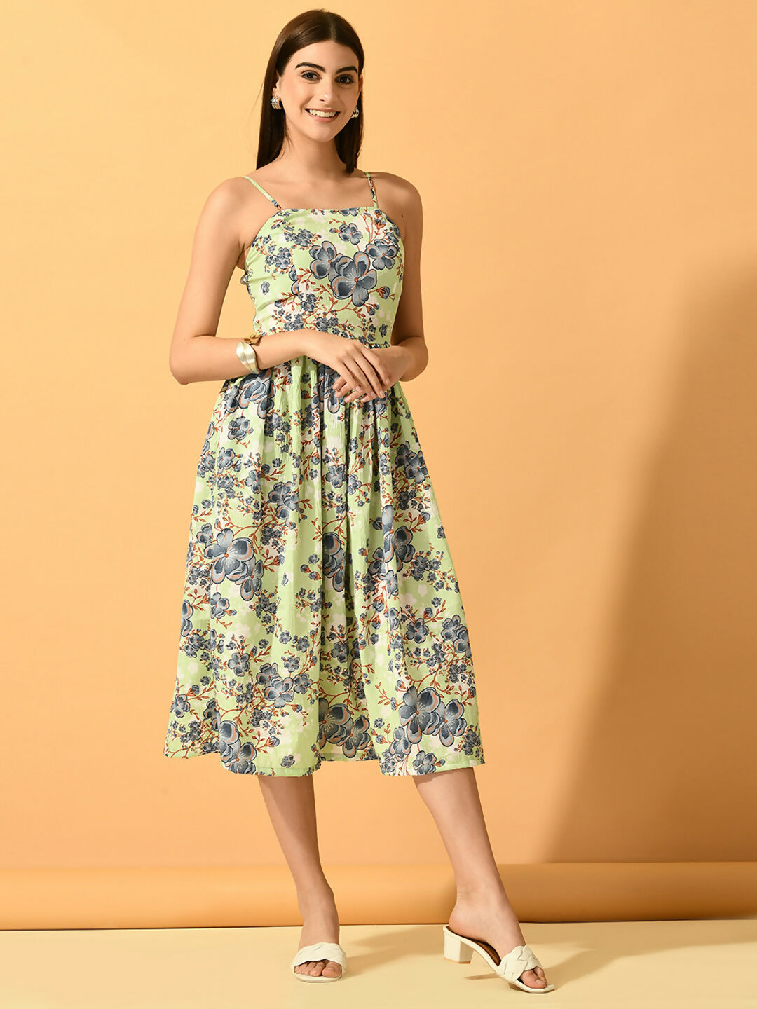 Myshka Women's Lime Green Fit and Flare Party Dress - Distacart