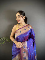 Thumbnail for Joban Fashion Purple Peacock & Floral Motifs Soft Lichi Silk Kanchipuram Saree - Distacart