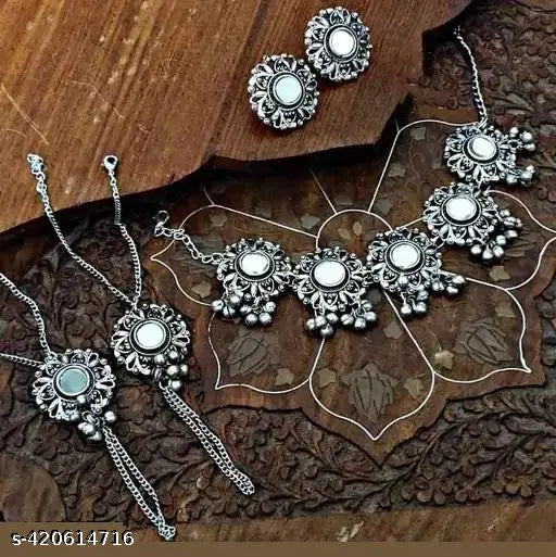 Tehzeeb Creations Women's Silver Plated Oxidised Necklace Set With Bracelet - Distacart