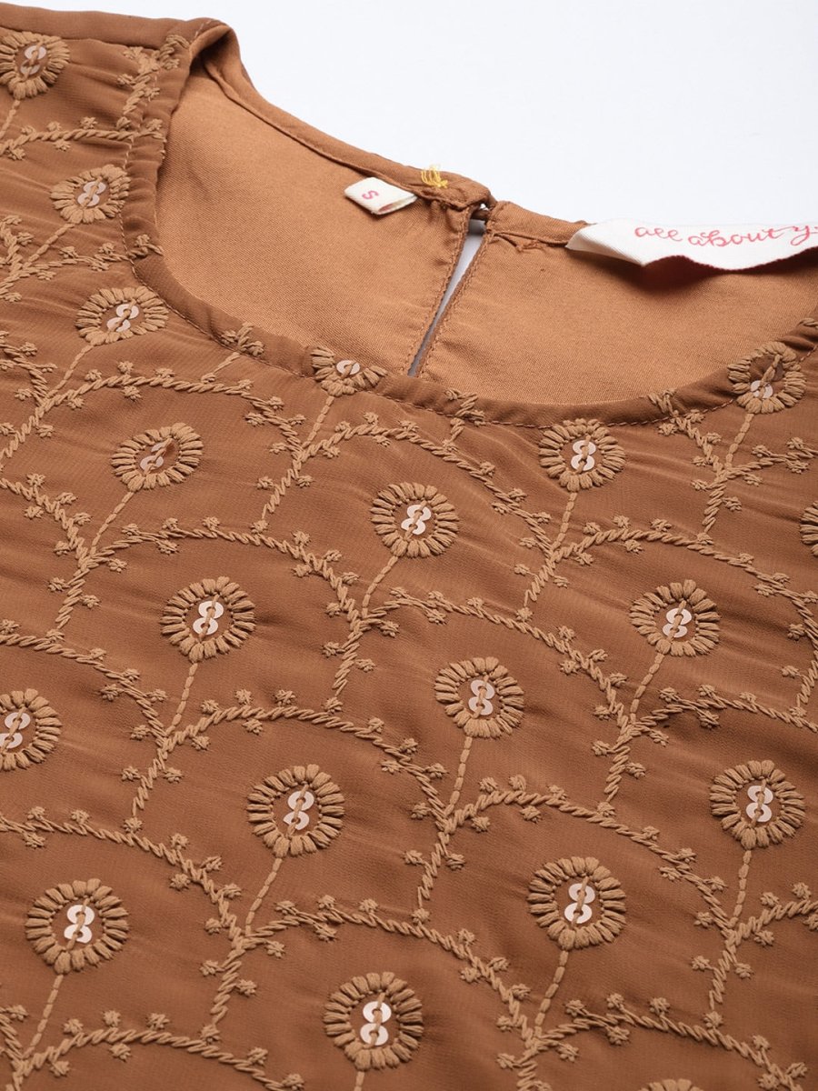 All About You Women Brown Ethnic Motifs Embroidered Chikankari Kurta with Palazzos - Distacart