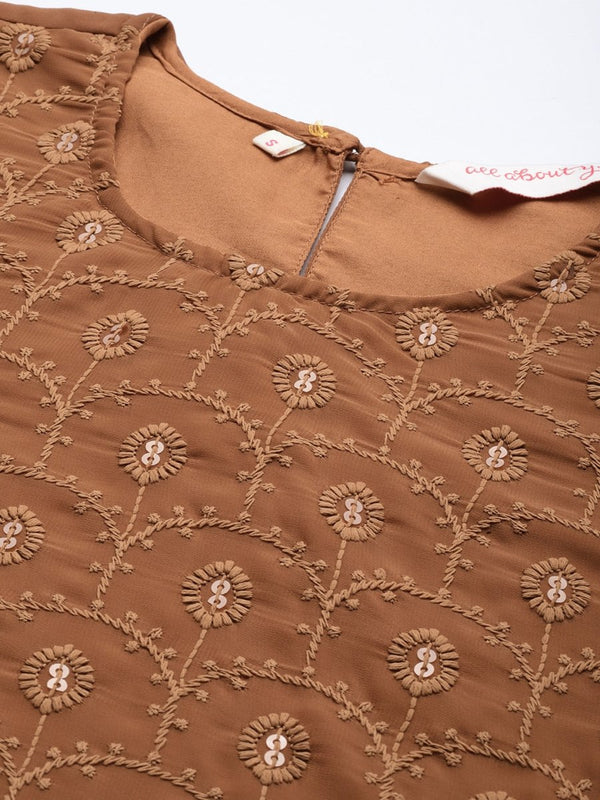 All About You Women Brown Ethnic Motifs Embroidered Chikankari Kurta with Palazzos - Distacart