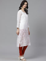 Thumbnail for ADA Women White Chikankari Embroidered Sustainable Handloom Kurta with Churidar - Distacart