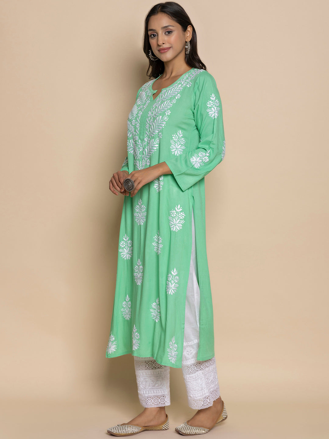 HOUSE OF KARI Floral Embroidered Chikankari A-Line Kurta - Distacart