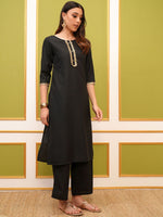 Thumbnail for Vishudh Black Round Neck Floral Regular Straight Kurta with Palazzos & With Dupatta