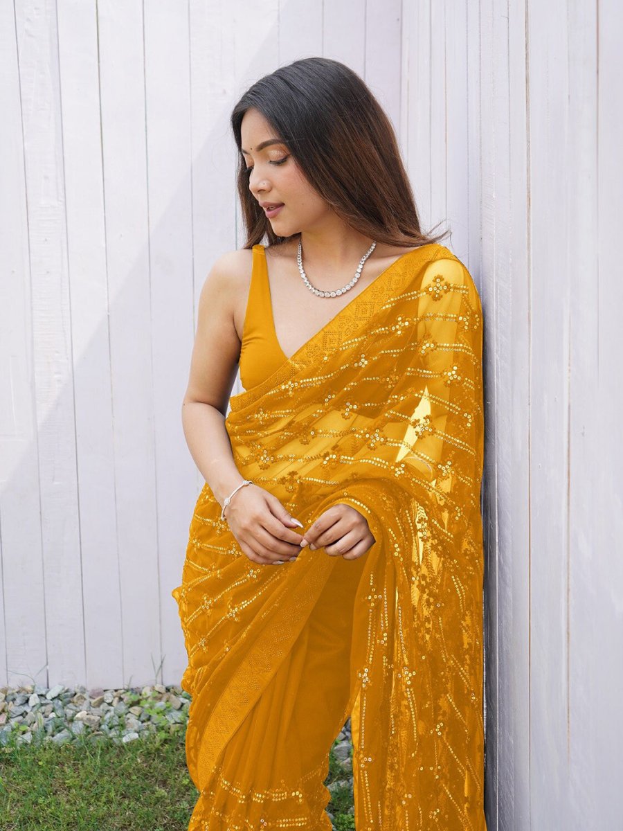 Anouk Mustard Embellished Sequinned Net Saree - Distacart