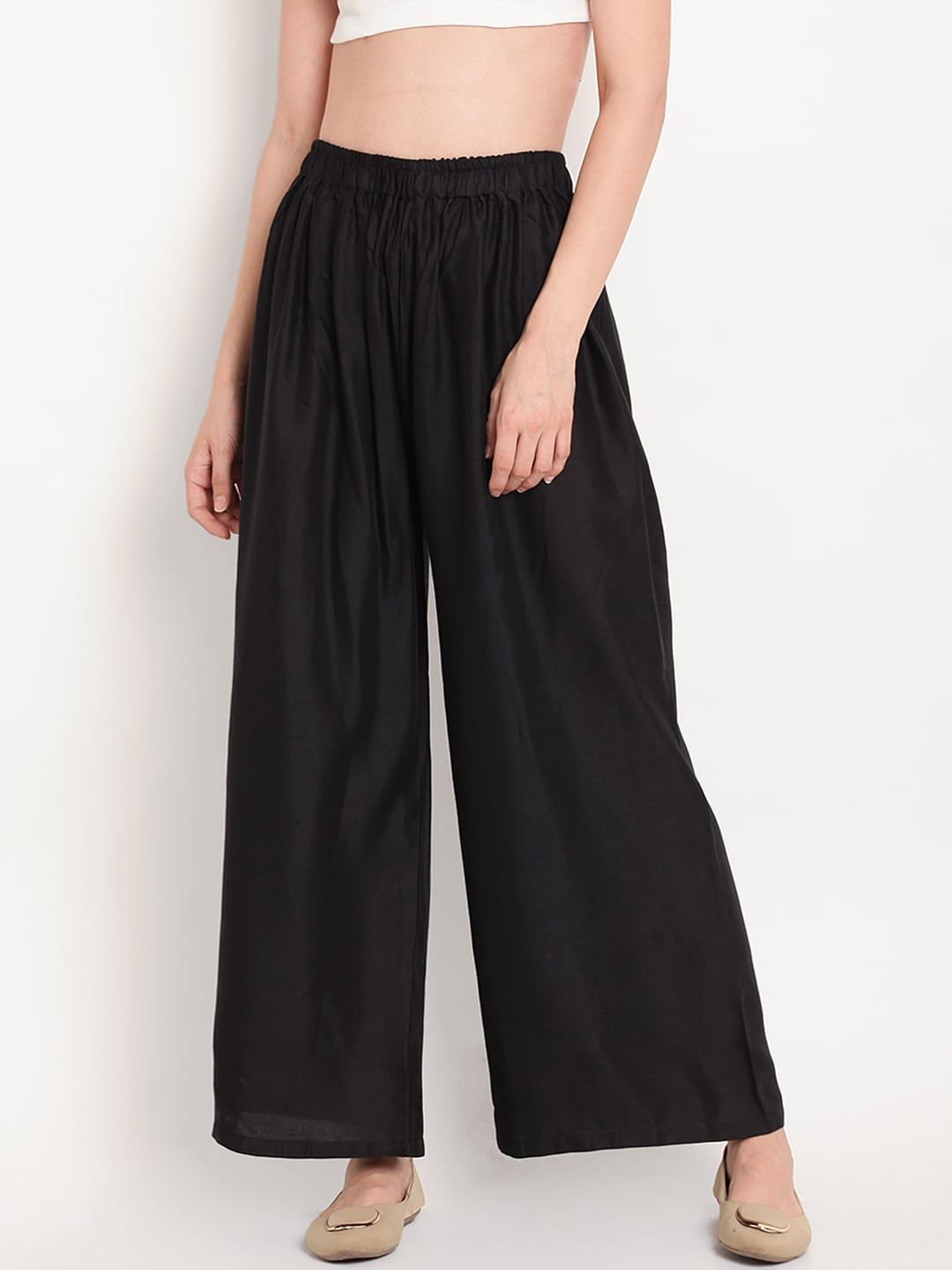 TAG 7 Women Black Solid Flared Palazzos - Distacart