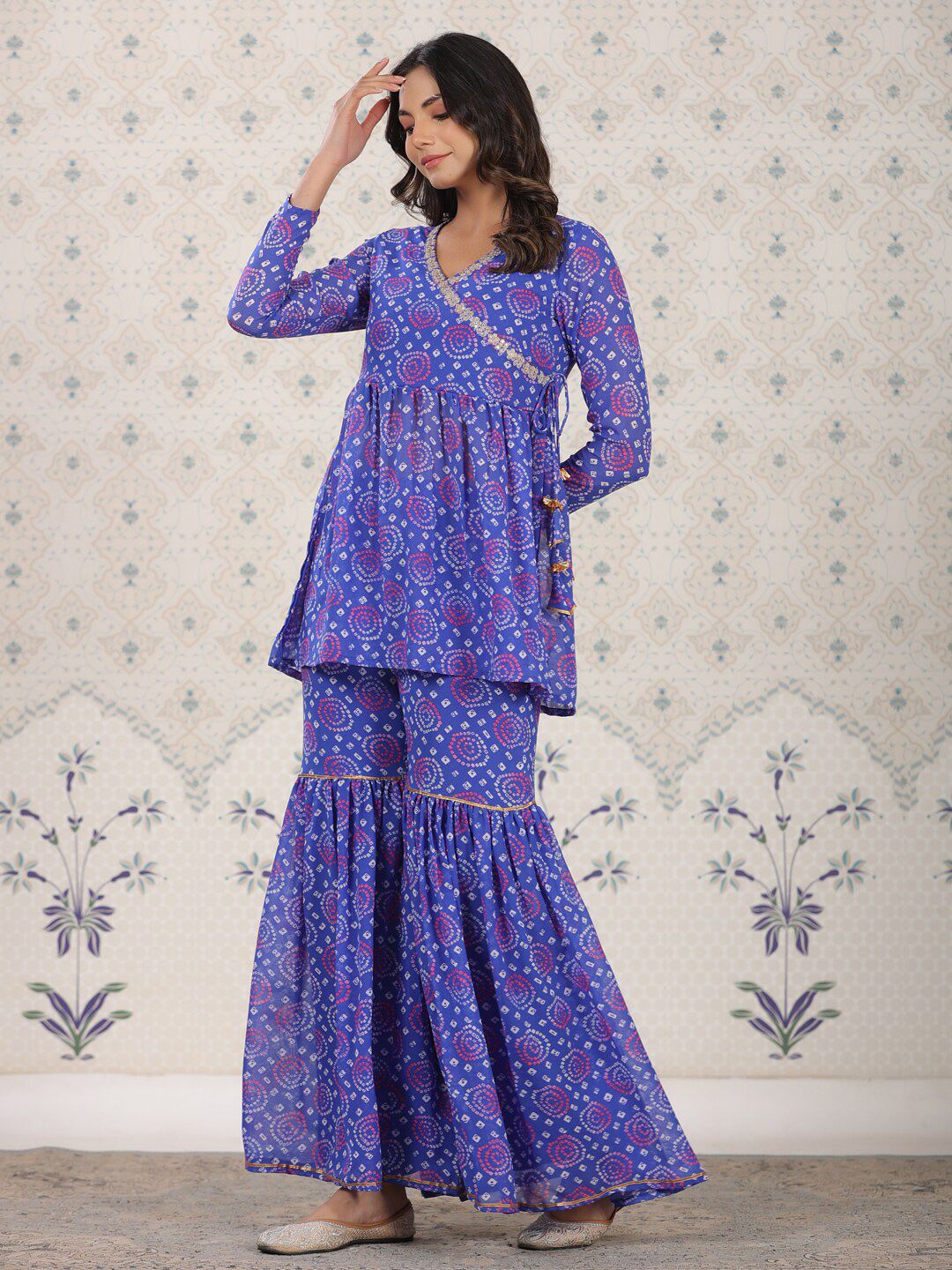 Ode by House of Pataudi Bandhani Printed Angrakha Gotta Patti Kurti with Sharara - Distacart