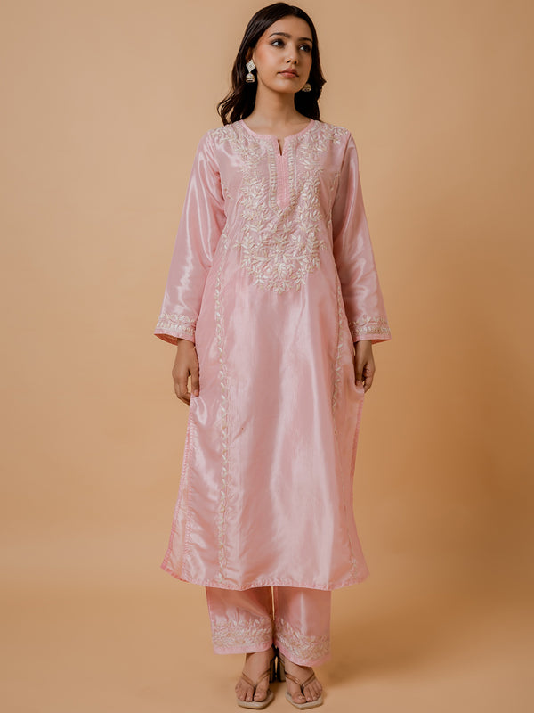 HOUSE OF KARI Floral Embroidered Silk Chikankari Kurta - Distacart