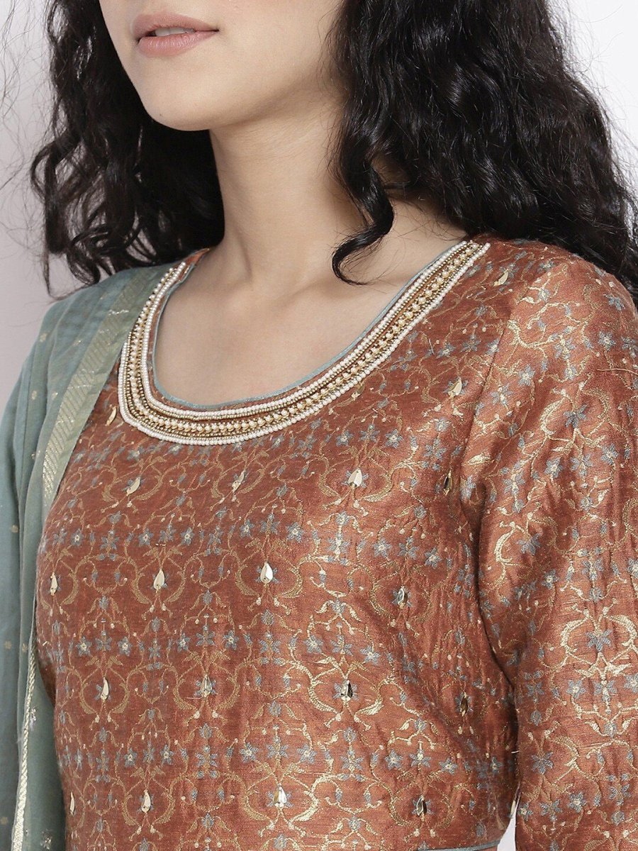 AURELIA Ethnic Motifs Print Round Neck A-Line Maxi Dress With Dupatta - Distacart