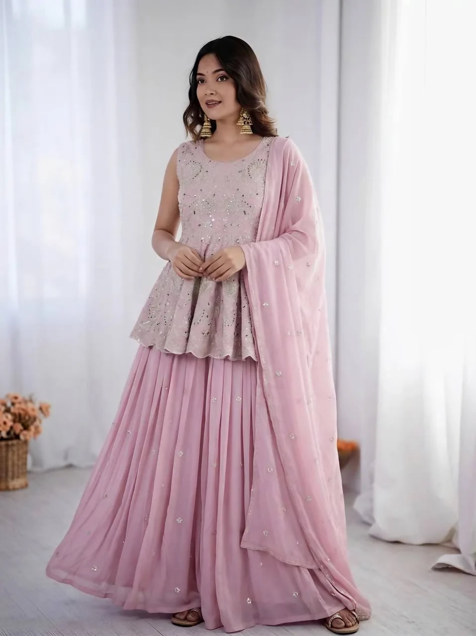 Teeya Creation Designer Pink Embroidered Lehenga Set