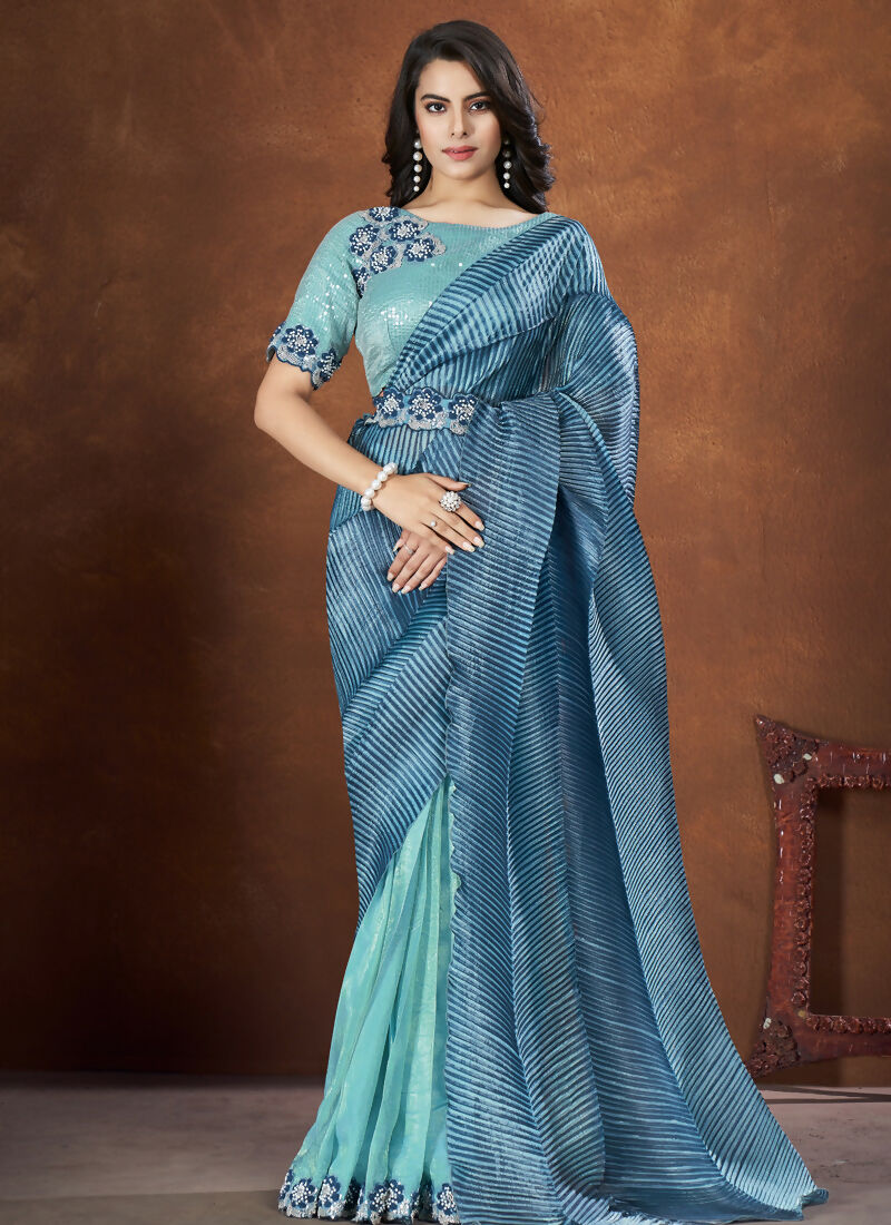 Blue Banarsi Crush Silk Embroidered Saree with stitched Blouse - Mohmanthan Saha Saki - Distacart
