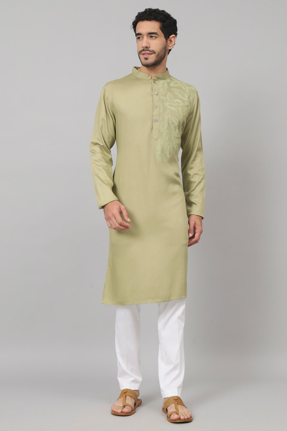 Leafy Embroidered Cotton Kurta by Hilo Design - Distacart