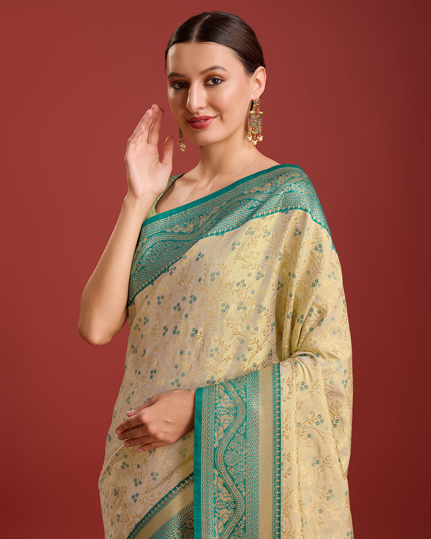Monjolika Fashion Glamour And Tradition With This Beige Color Zari Woven Banarasi Tissue Silk Saree - Distacart