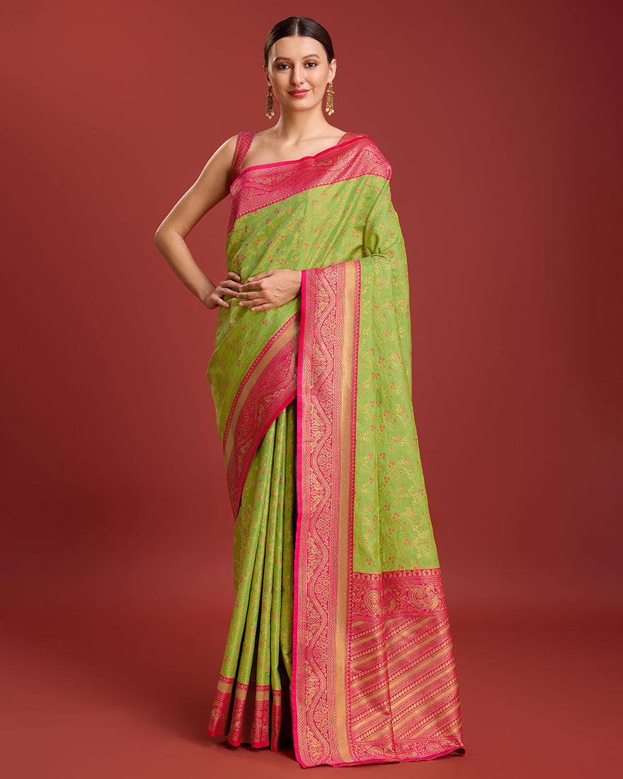 Monjolika Fashion Glamour And Tradition With This Parrot Green Color Zari Woven Banarasi Tissue Silk Saree - Distacart