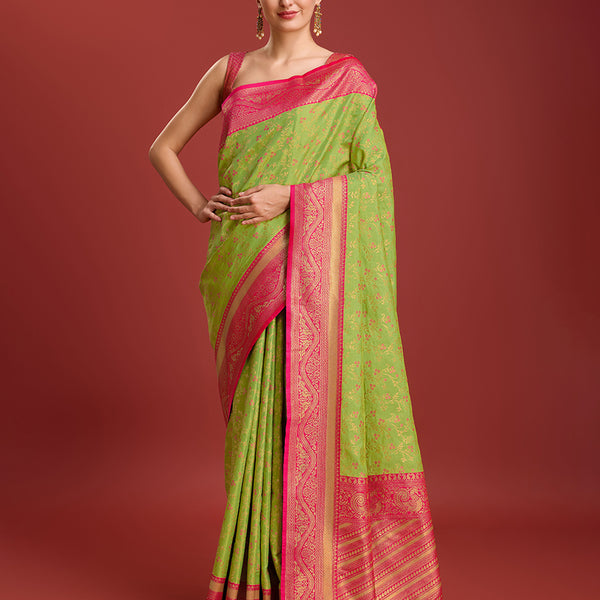 Monjolika Fashion Glamour And Tradition With This Parrot Green Color Zari Woven Banarasi Tissue Silk Saree - Distacart