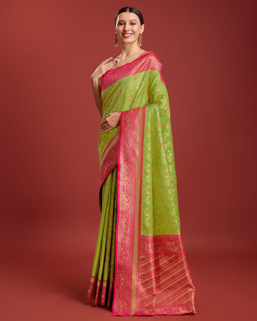 Monjolika Fashion Glamour And Tradition With This Parrot Green Color Zari Woven Banarasi Tissue Silk Saree - Distacart