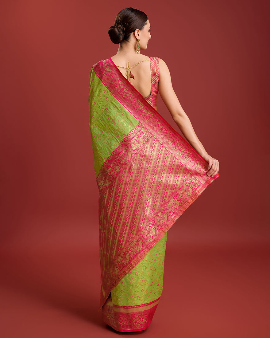 Monjolika Fashion Glamour And Tradition With This Parrot Green Color Zari Woven Banarasi Tissue Silk Saree - Distacart