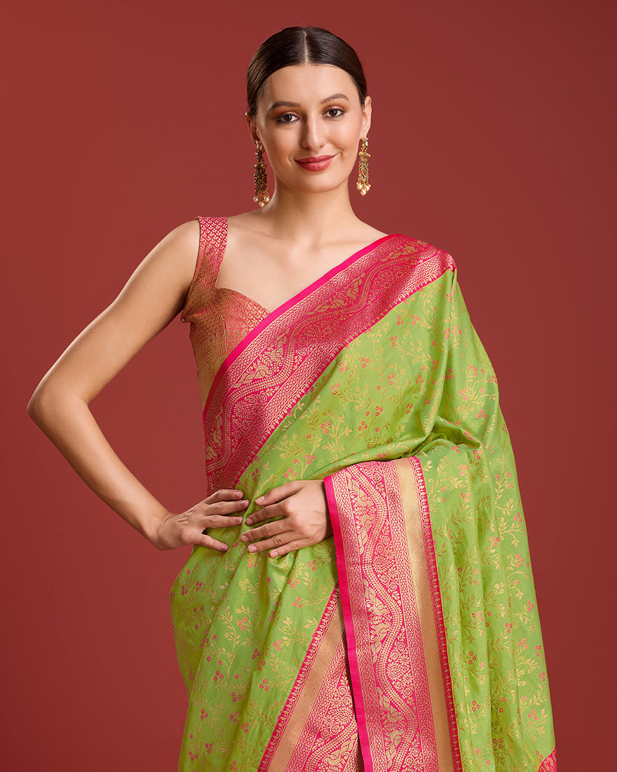 Monjolika Fashion Glamour And Tradition With This Parrot Green Color Zari Woven Banarasi Tissue Silk Saree - Distacart