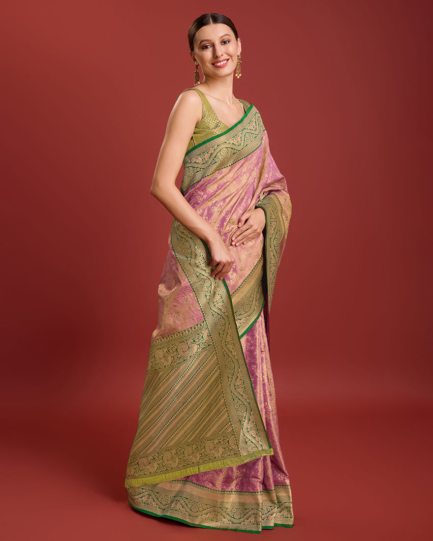 Monjolika Fashion Glamour And Tradition With This Rose Pink Color Zari Woven Banarasi Tissue Silk Saree - Distacart