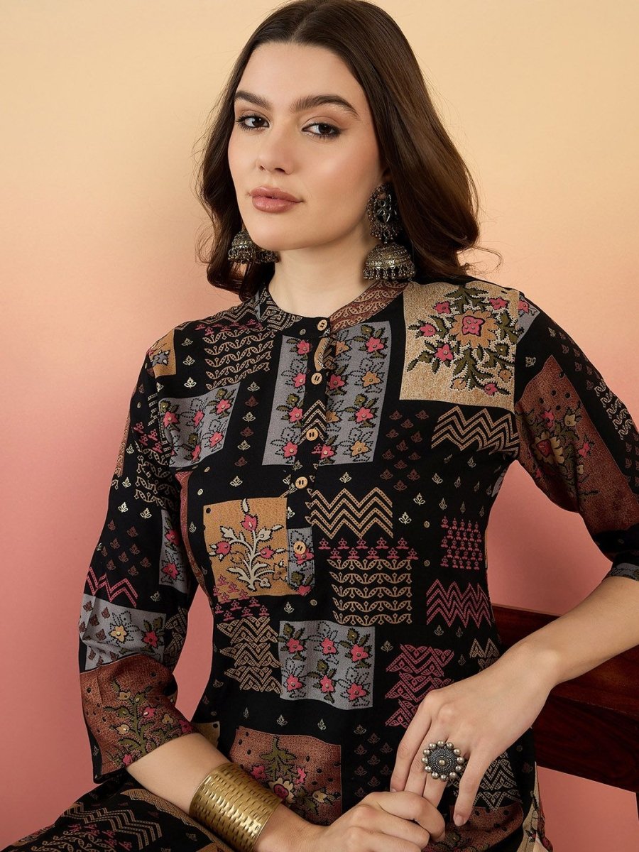 Anouk Ethnic Motifs Printed Beads And Stones Mandarin Collar A-Line Kurta - Distacart