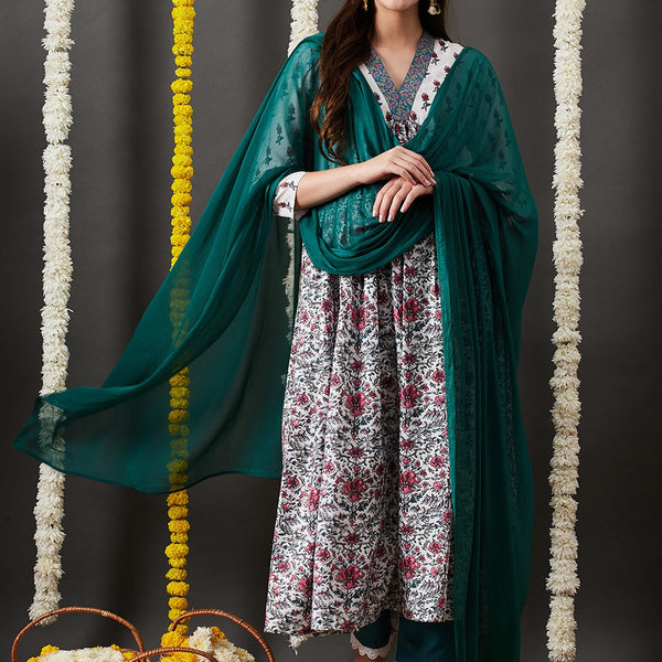Kalini Floral Printed V-Neck Empire Anarkali Kurta & Trouser With Dupatta - Distacart