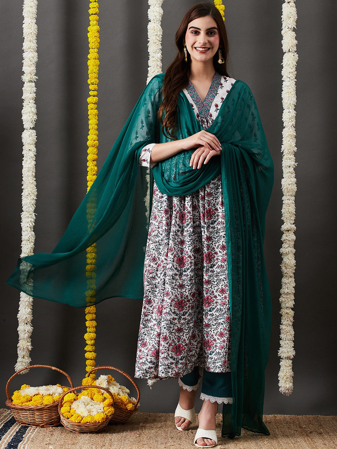 Kalini Floral Printed V-Neck Empire Anarkali Kurta & Trouser With Dupatta - Distacart