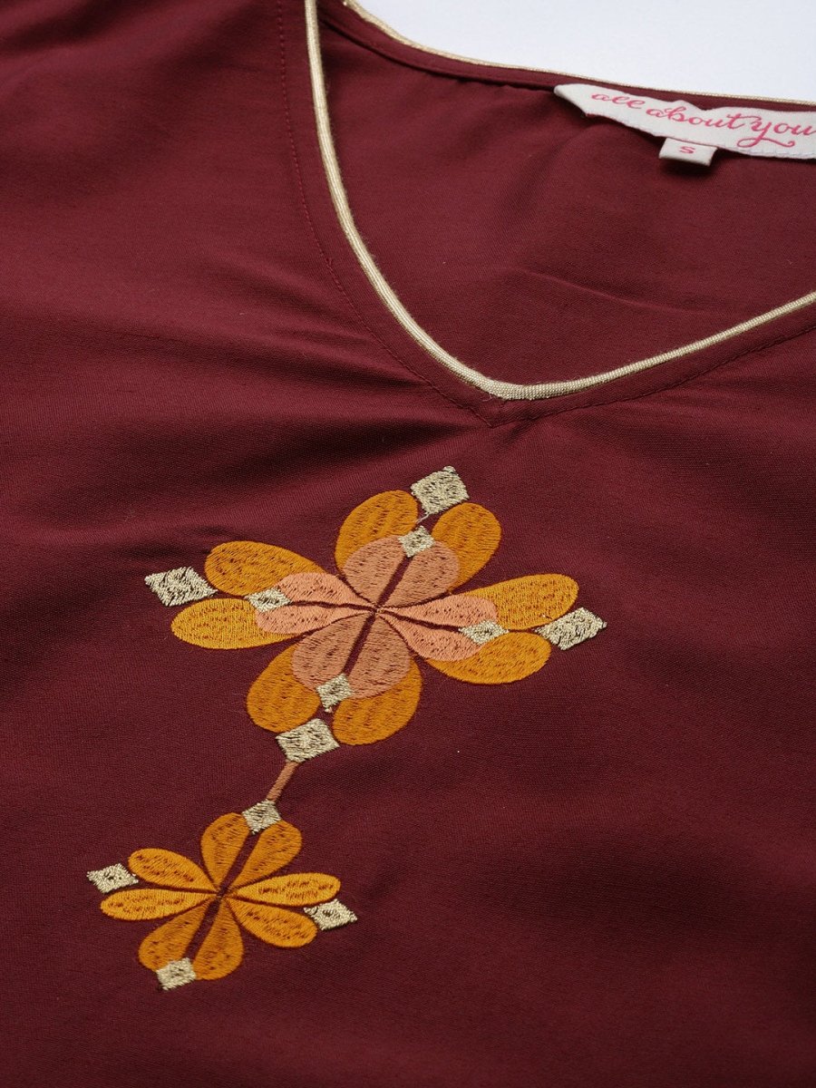 All About You Women Maroon Floral Yoke Design Regular Kurta with Trousers - Distacart