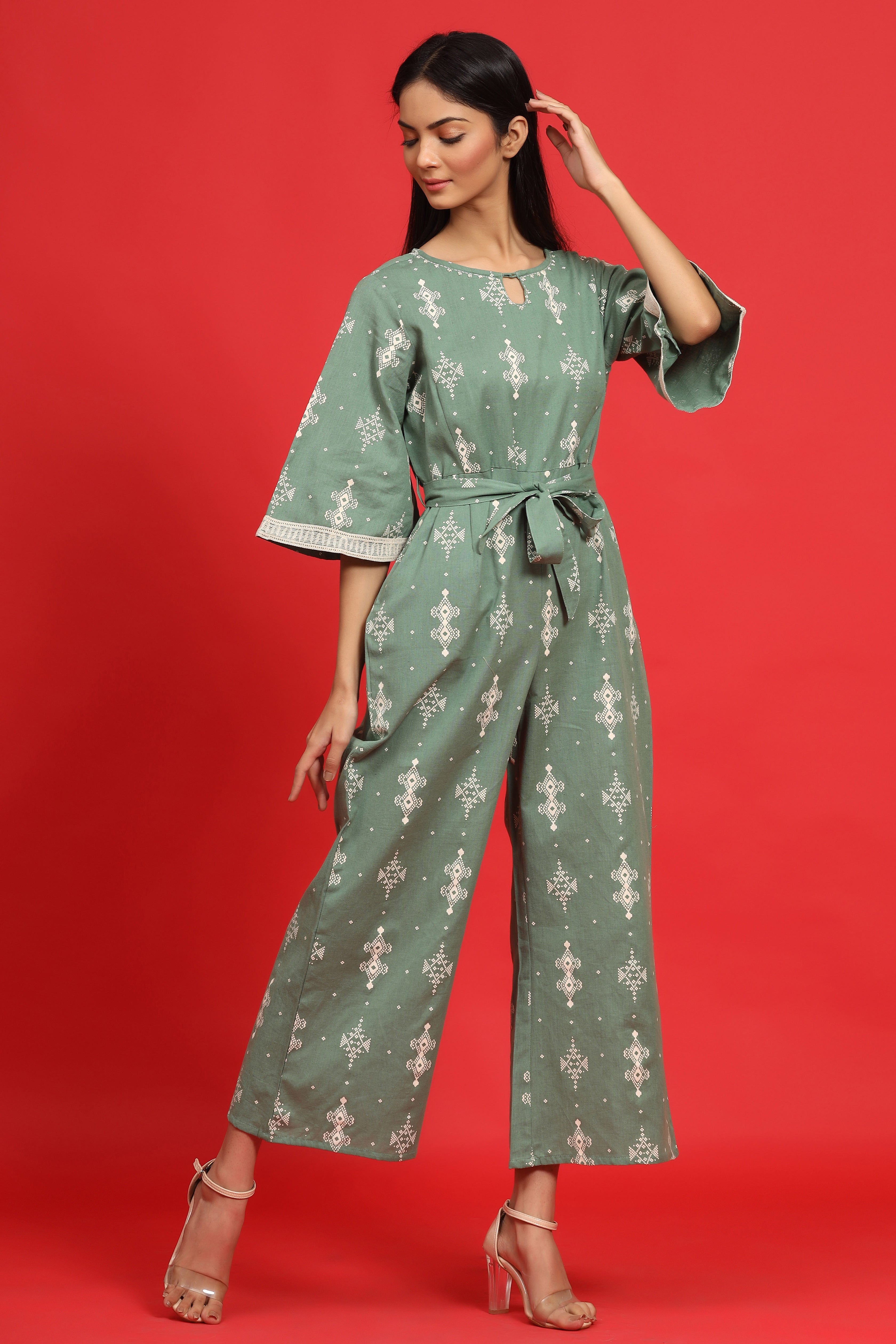Juniper Sage Green Geometric Printed Cotton Flex Jumpsuit With Zip Closure - Distacart
