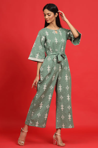 Juniper Sage Green Geometric Printed Cotton Flex Jumpsuit With Zip Closure - Distacart