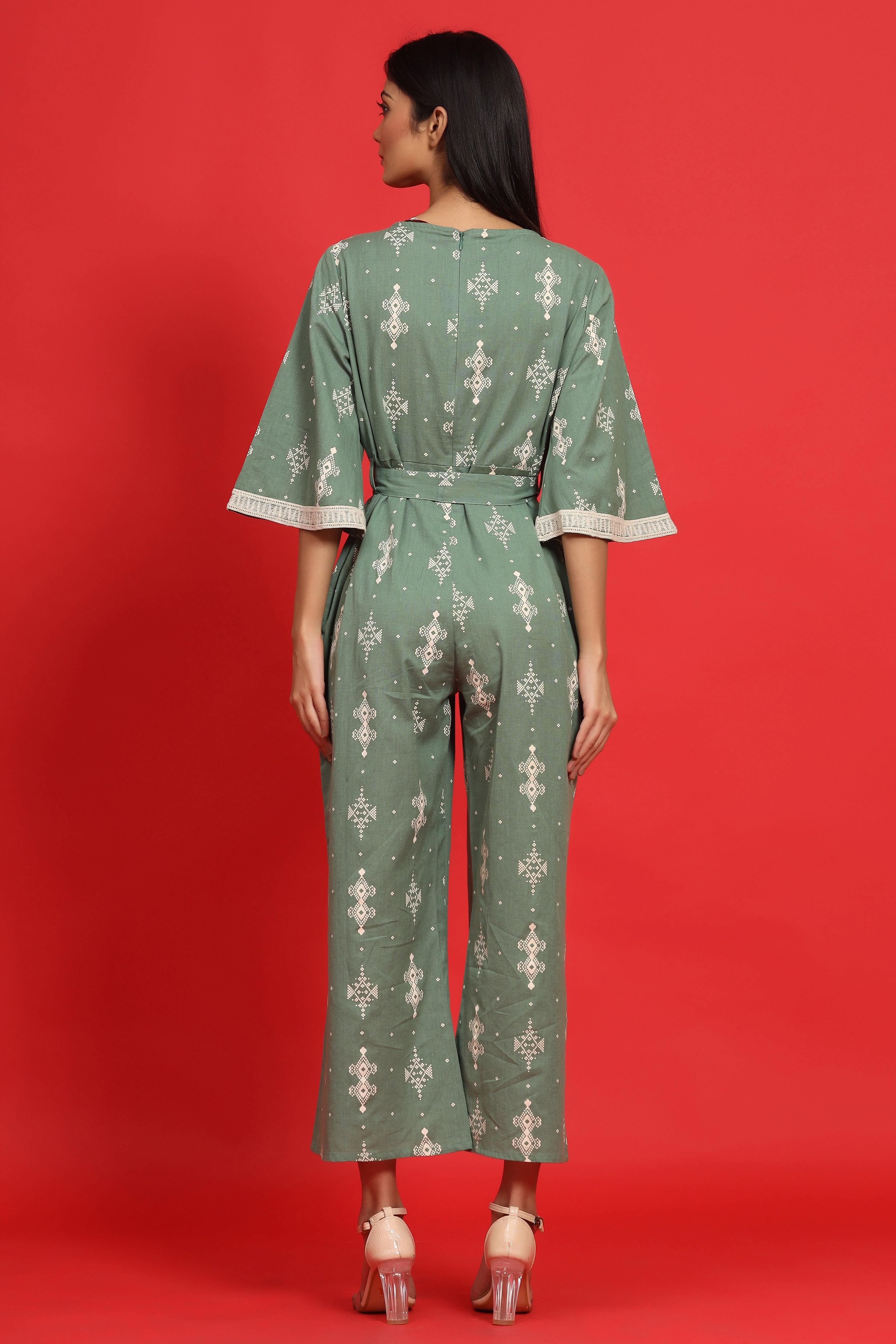 Juniper Sage Green Geometric Printed Cotton Flex Jumpsuit With Zip Closure - Distacart
