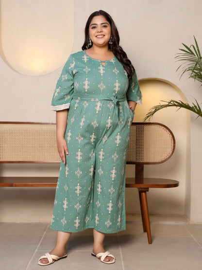Juniper Sage Green Geometric Printed Cotton Flex Jumpsuit With Zip Closure - Distacart