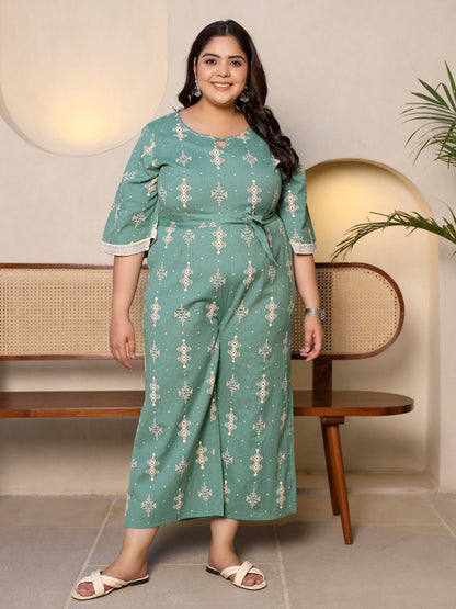 Juniper Sage Green Geometric Printed Cotton Flex Jumpsuit With Zip Closure - Distacart
