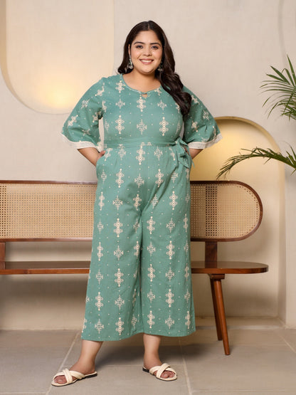 Juniper Sage Green Geometric Printed Cotton Flex Jumpsuit With Zip Closure - Distacart