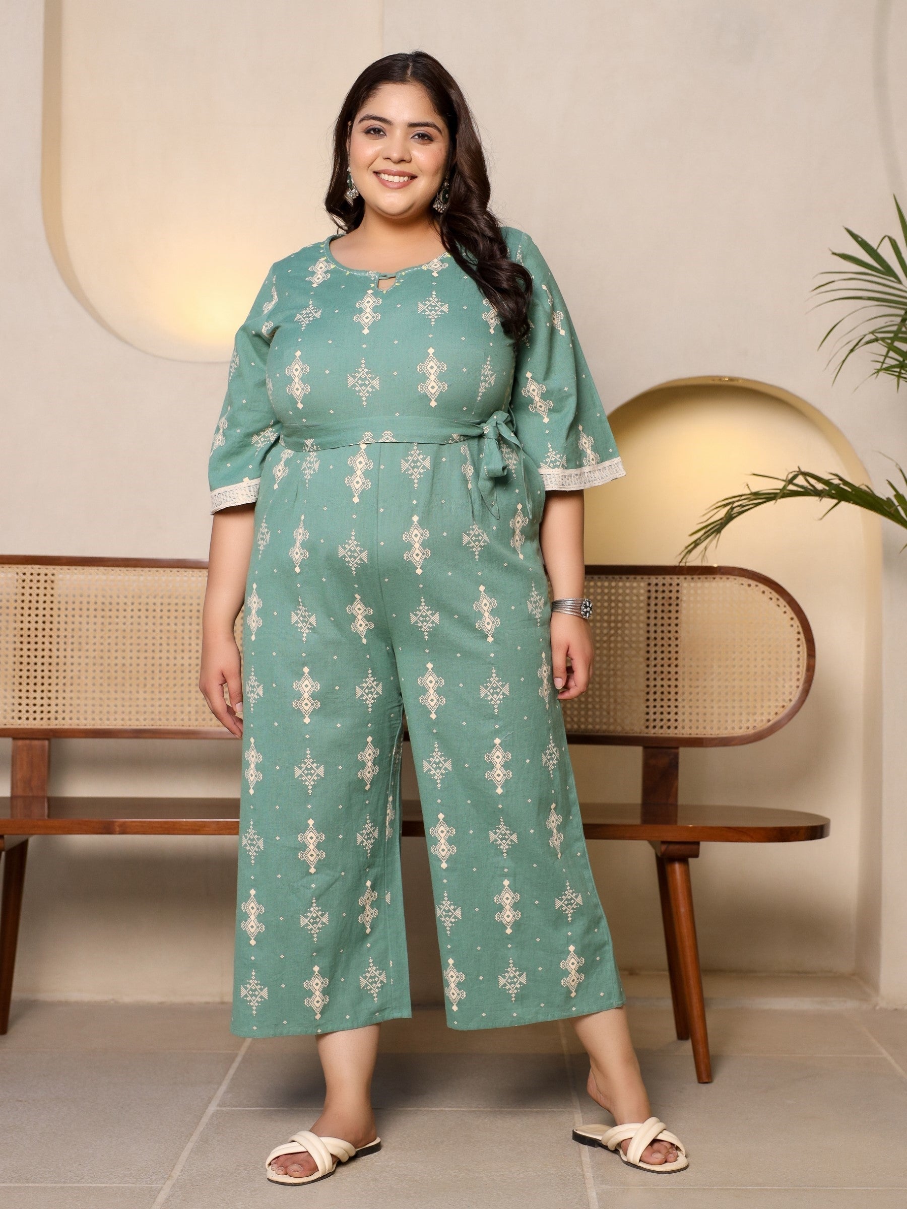 Juniper Sage Green Geometric Printed Cotton Flex Jumpsuit With Zip Closure - Distacart