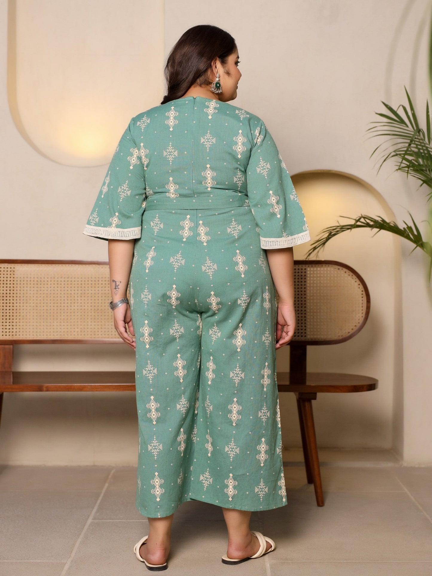 Juniper Sage Green Geometric Printed Cotton Flex Jumpsuit With Zip Closure - Distacart