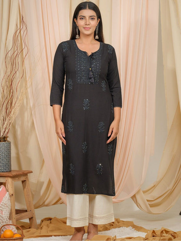 Ode by House of Pataudi Tie U[p Neck Sequined Embroidered Straight Kurta - Distacart
