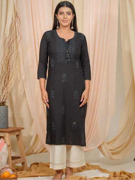 Ode by House of Pataudi Tie U[p Neck Sequined Embroidered Straight Kurta - Distacart