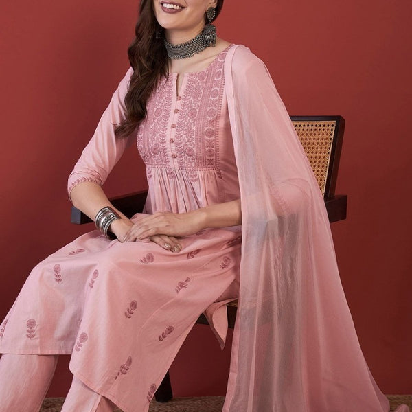 Anouk Floral Embroidered Thread Work Pure Cotton Kurta with Trousers & Dupatta - Distacart