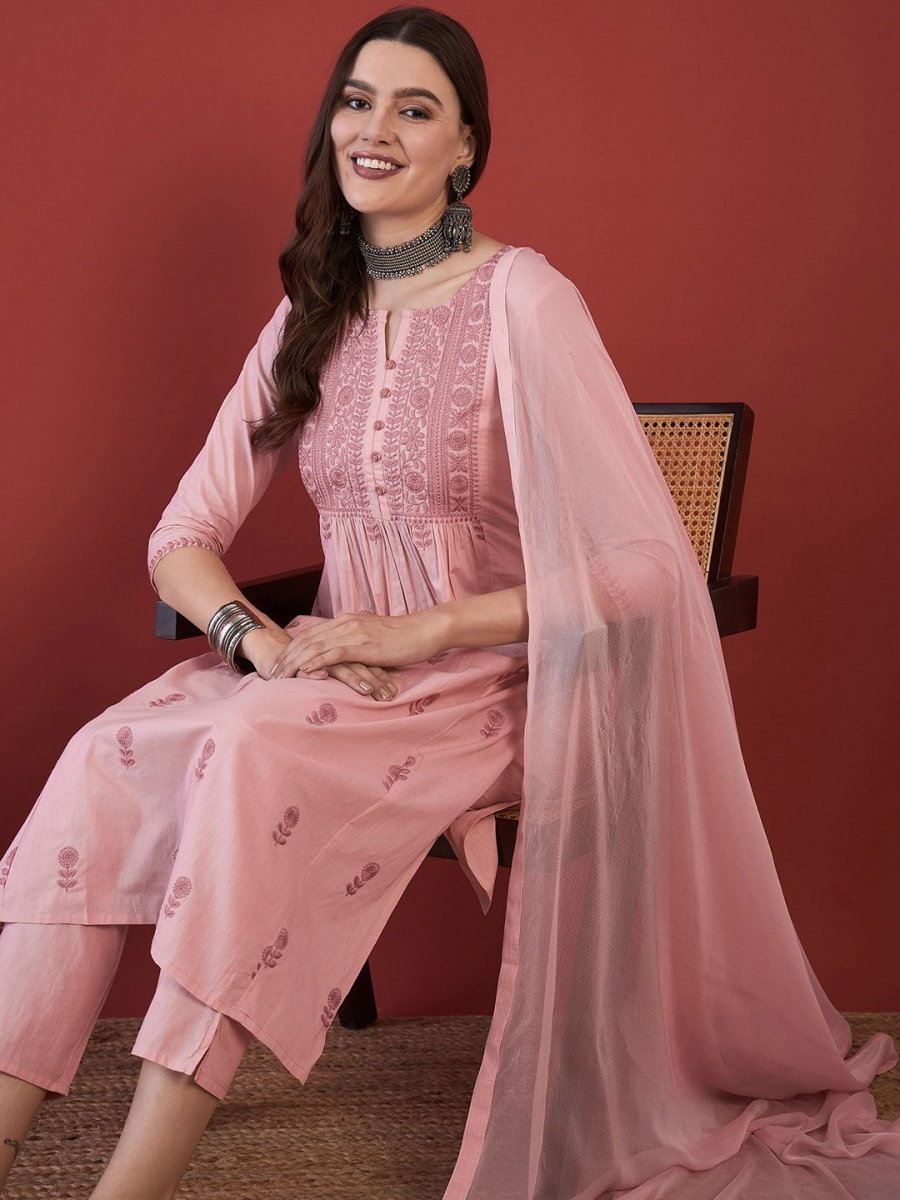 Anouk Floral Embroidered Thread Work Pure Cotton Kurta with Trousers & Dupatta - Distacart