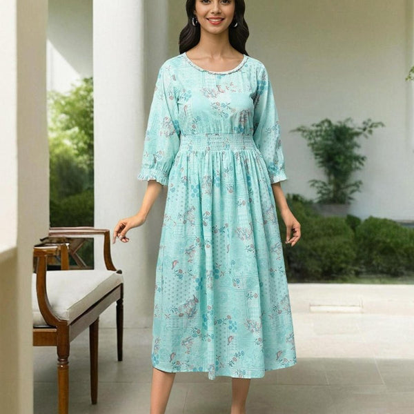 AURELIA Floral Printed Pure Cotton Fit & Flare Midi Ethnic Dress - Distacart