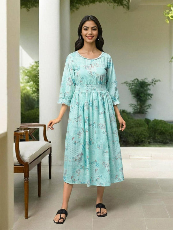 AURELIA Floral Printed Pure Cotton Fit & Flare Midi Ethnic Dress