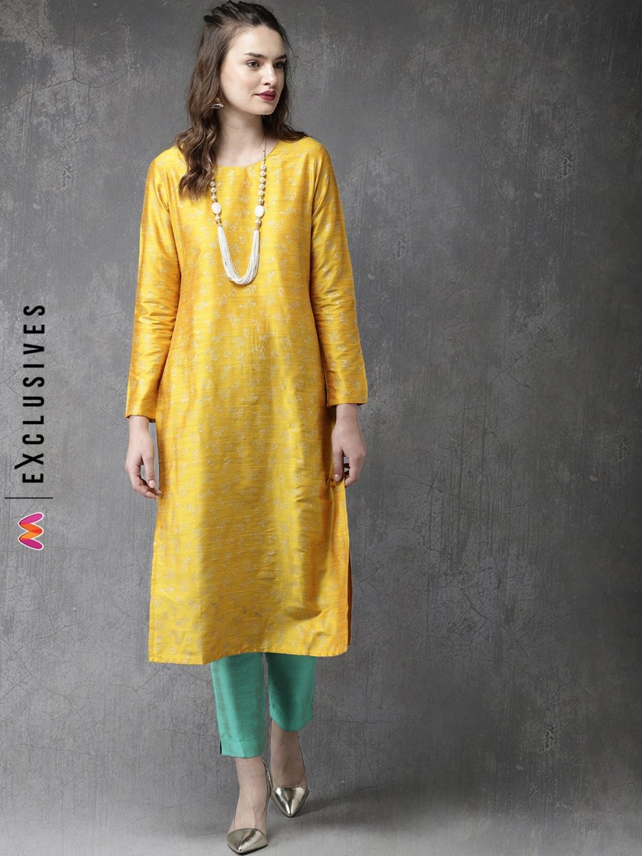 Anouk Women Mustard & Turquoise Blue Printed Kurta with Trousers - Distacart