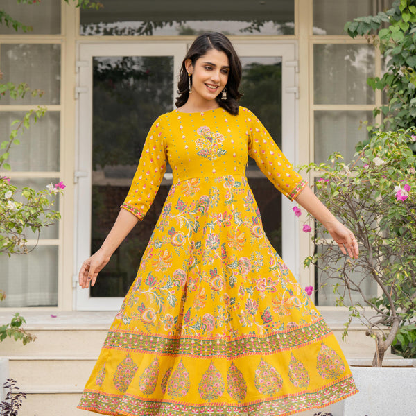 Juniper Women's Mustard Floral Printed Georgette Dress With Sequins - Distacart