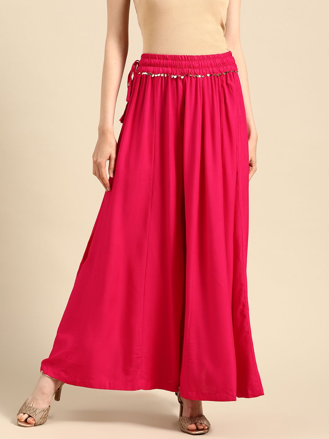 TAG 7 Women Magenta Solid Flared Palazzos - Distacart