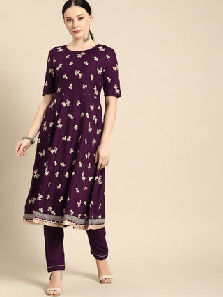 All About You Women Purple Floral Print Regular Kurta with Trousers - Distacart