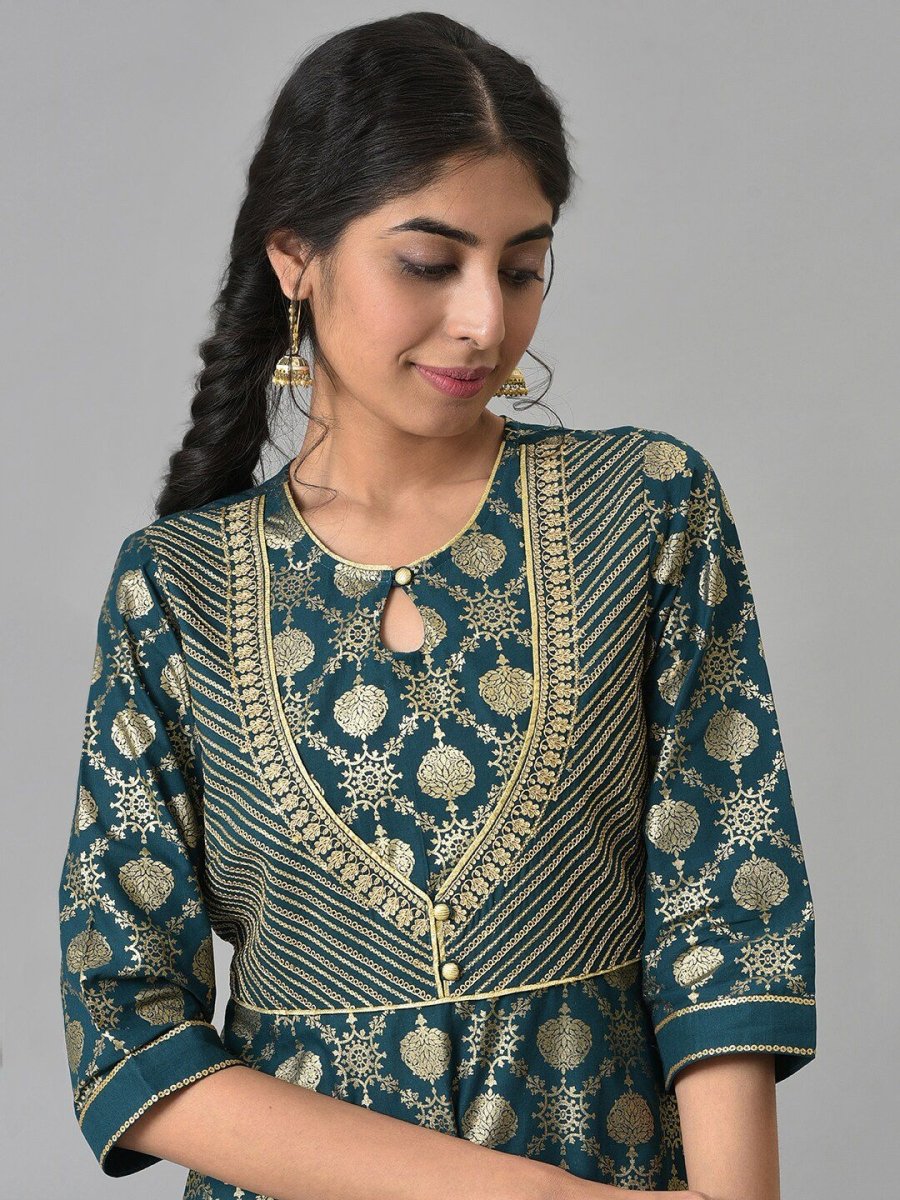 AURELIA Green Ethnic Motifs Cotton Maxi Dress - Distacart