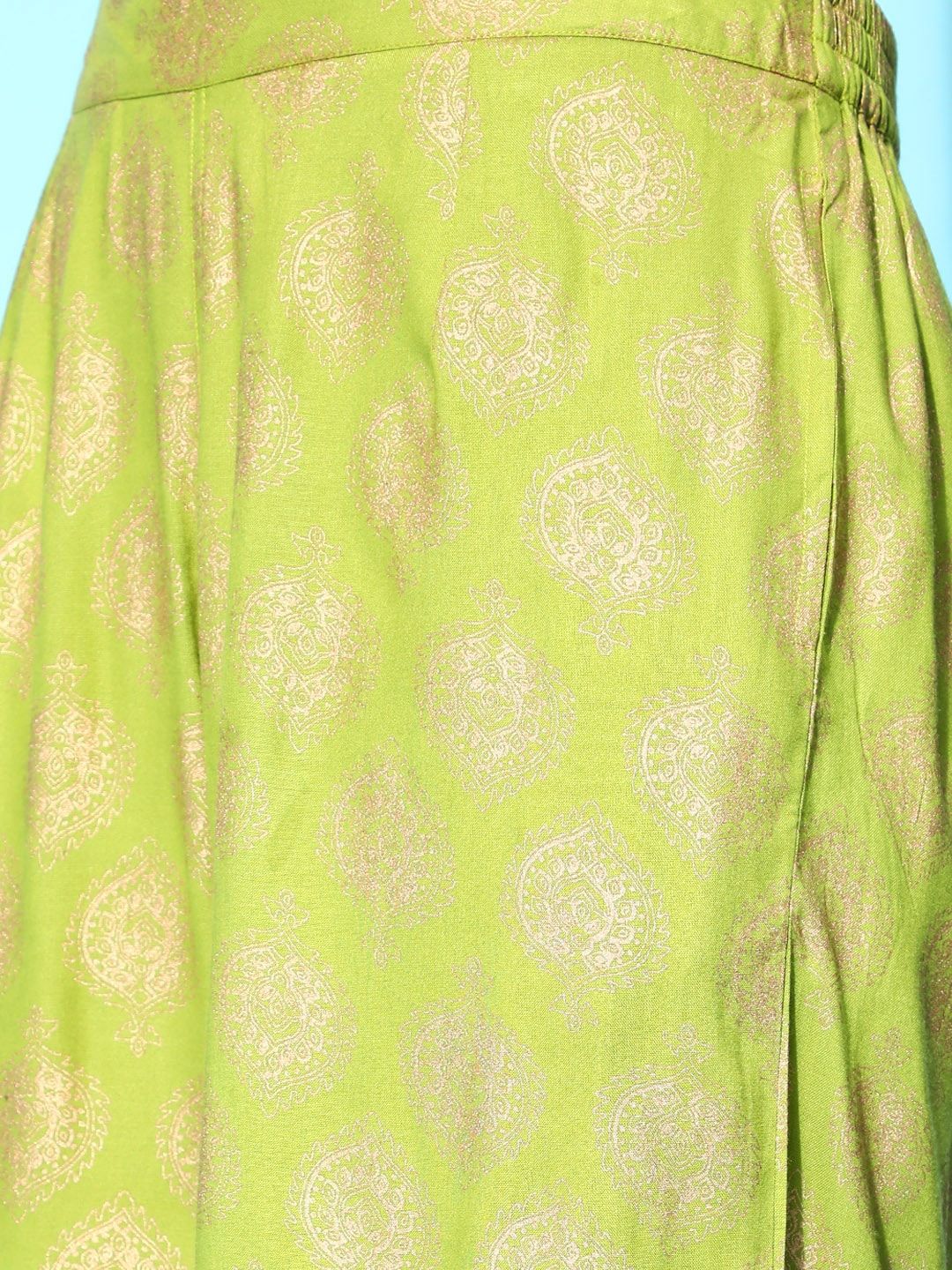 Ode by House of Pataudi Lime Green & Golden Ethnic Motif Print Kurta Set - Distacart