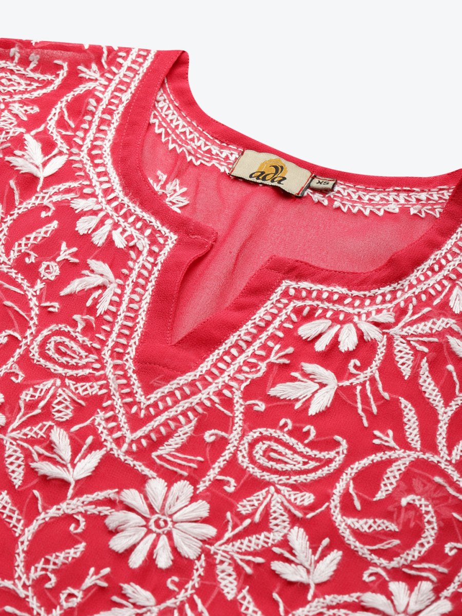 ADA Women Carrot Pink & White Floral Hand Embroidered Chikankari Handloom Kurta & Matching slip - Distacart