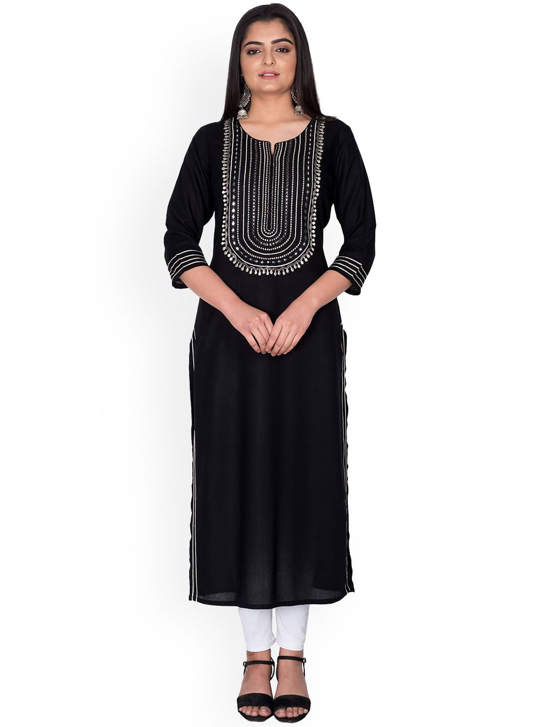 Swasti Women Black & Silver Yoke Design Mirror Work Straight Kurta - Distacart